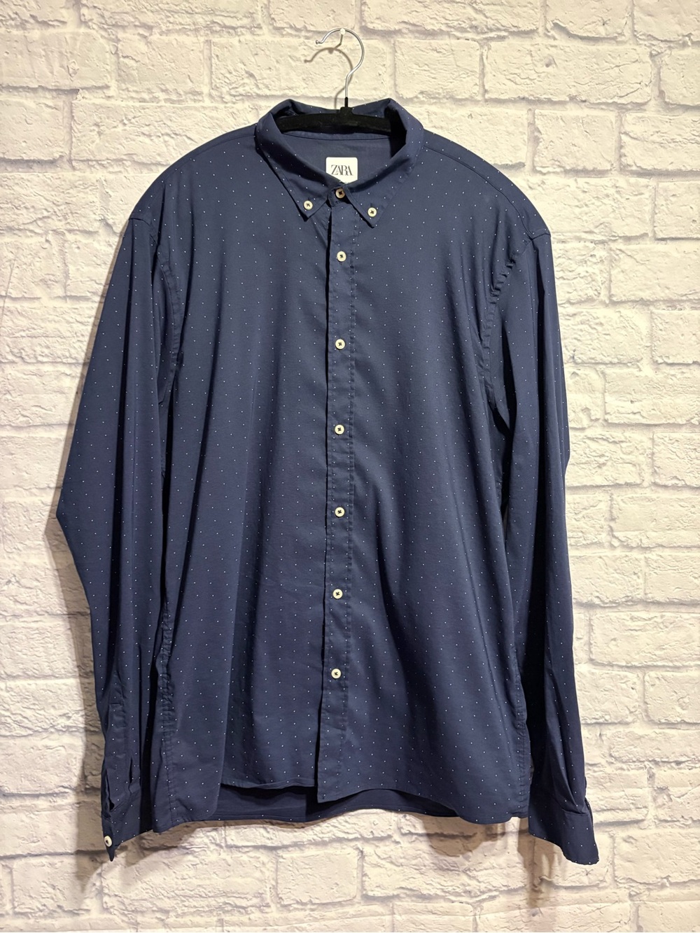 ZARA Navy Stretch Dot Button-Down Men's Shirt Large